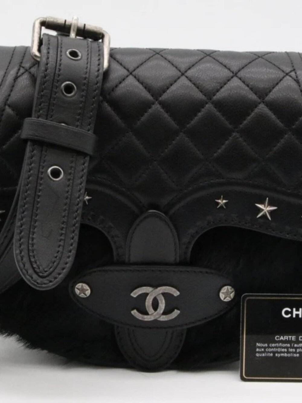 Chanel Black Calfskin Pony Hair Paris-Dallas Studded Saddle Bag - 19923804